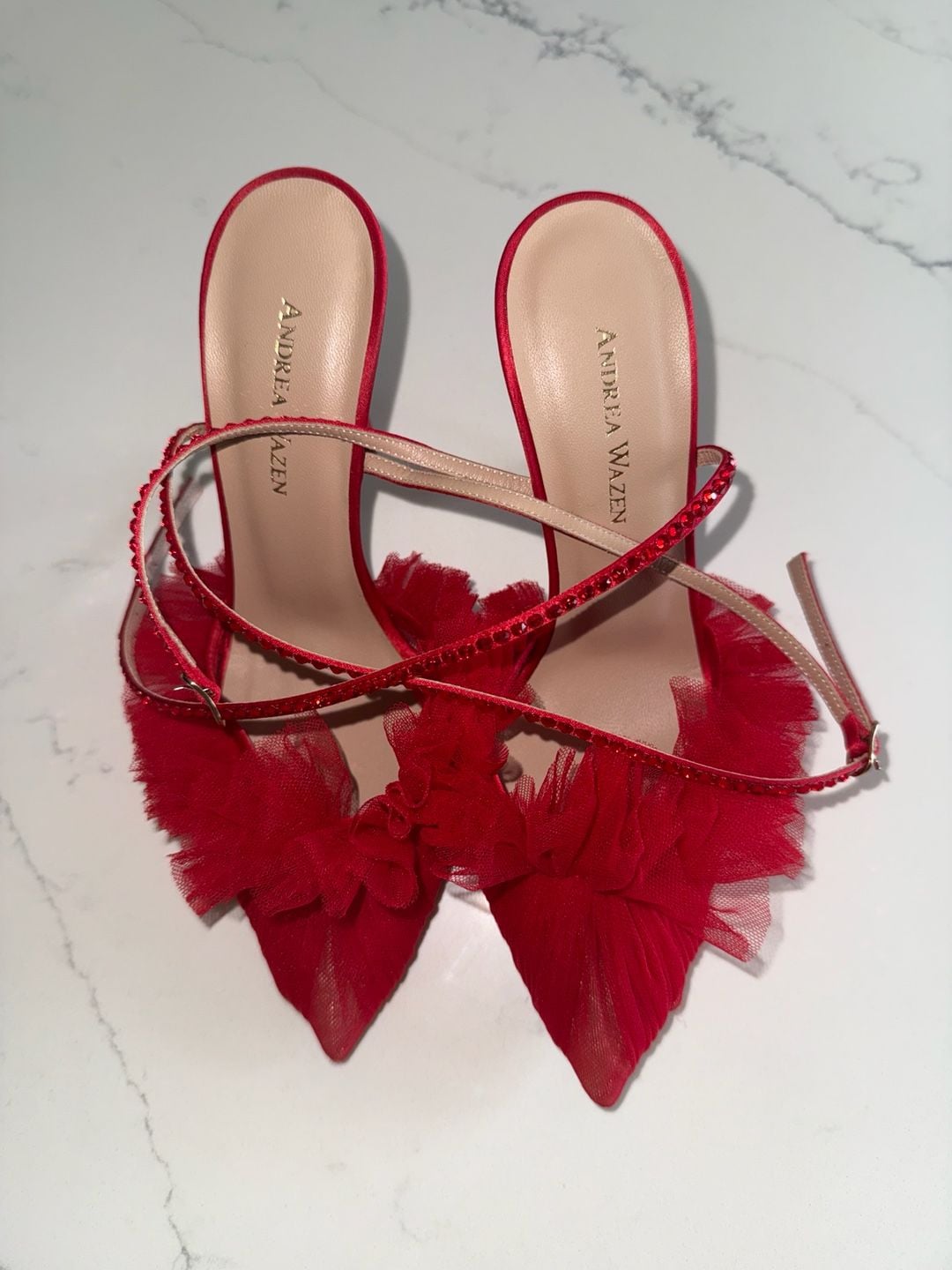 Andrea Wazen Denver Red Tulle Ruffle Pumps With Swarovski Crystal Straps